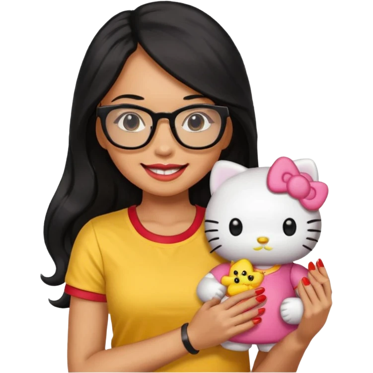 Nails cute with hello kitty wear glasses black long  hair, woman wear yellow shirt , red nails , big hello kitty doll emoji