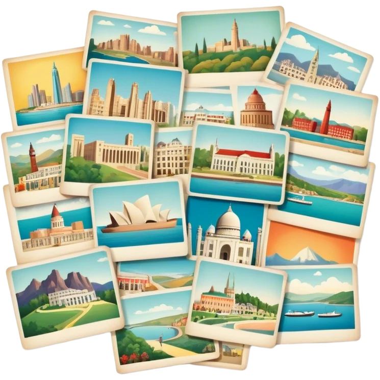 Icon for Postcard Collecting: a collection of colorful vintage postcards, featuring scenic views, landmarks, and greetings, arranged neatly in an album or on a display board. The icon should convey the charm and nostalgia of postcard collecting. Transparent background. emoji