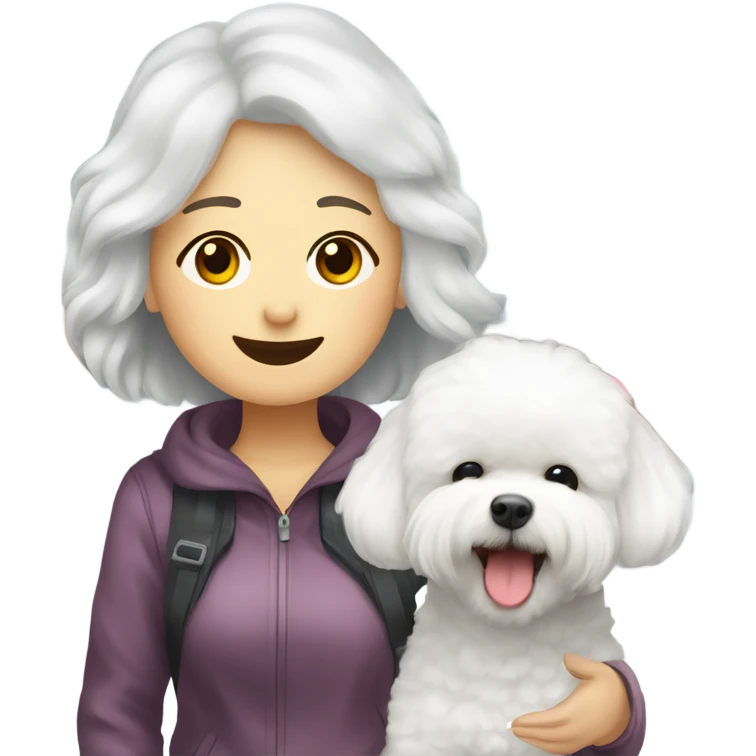 A cute and happy bichon frise with an Asian woman at the airport  emoji