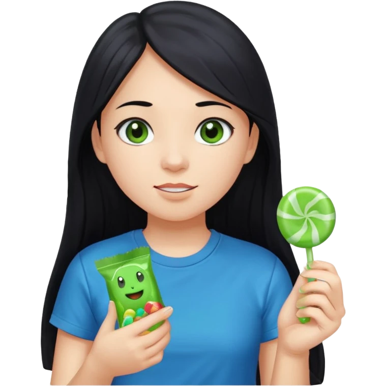 A girl with long black hair and black eyes wearing a blue t-shirt holding a piece of green hard candy in one hand and a green candy wrapper showing a guava on it in the other hand emoji