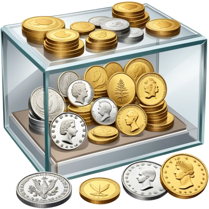 Icon for Coin Collecting: a collection of various vintage and modern coins, neatly arranged in a display case or on a table. The icon should highlight the diversity and historical value of coin collecting. Transparent background. emoji