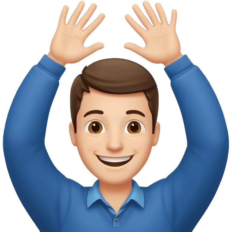 very happy guy with BIG smile and hands above head emoji