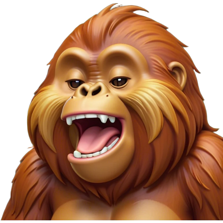 Cinematic Cute Yawning Orangutan Portrait Emoji, Head tilted slightly with a dramatic, wide-open yawn, showcasing a richly textured face with half-closed, sleepy eyes and a relaxed, open expression, Simplified yet irresistibly adorable features, highly detailed, glowing with a soft, cozy jungle glow, high shine, relaxed yet expressive, stylized with a dash of whimsical charm, soft glowing outline, capturing the essence of a drowsy yet affectionate guardian that appears ready to stretch out for a nap! emoji