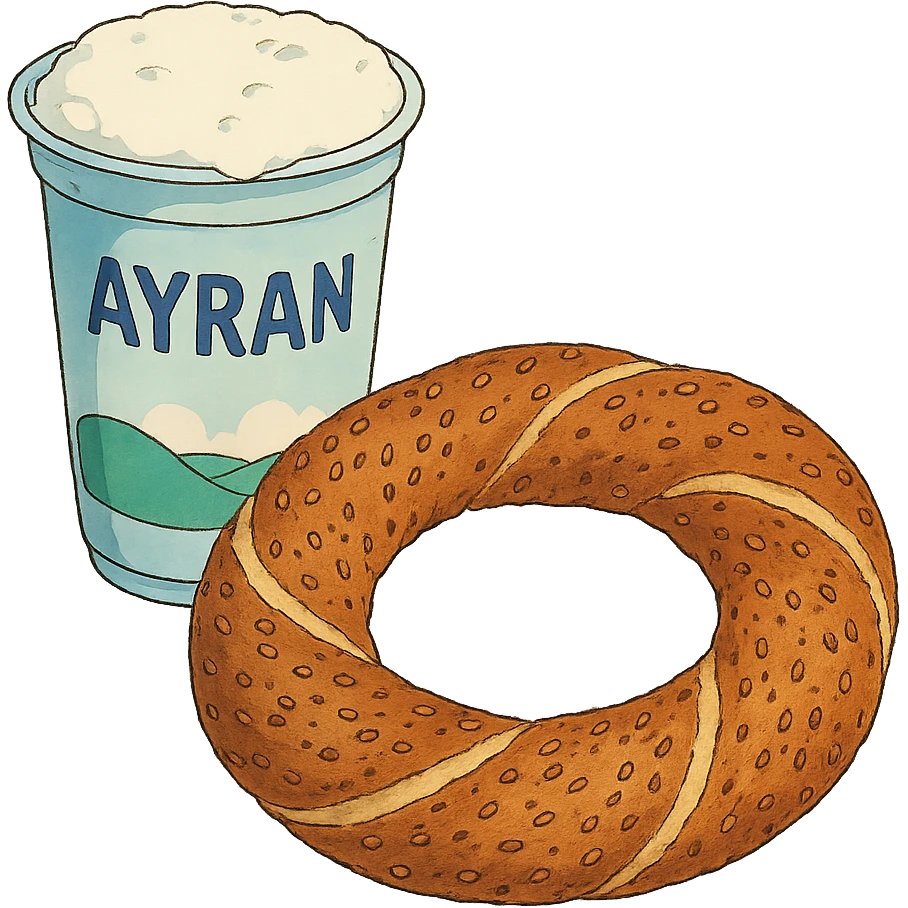 ghibli style ayran and simit together, no background emoji