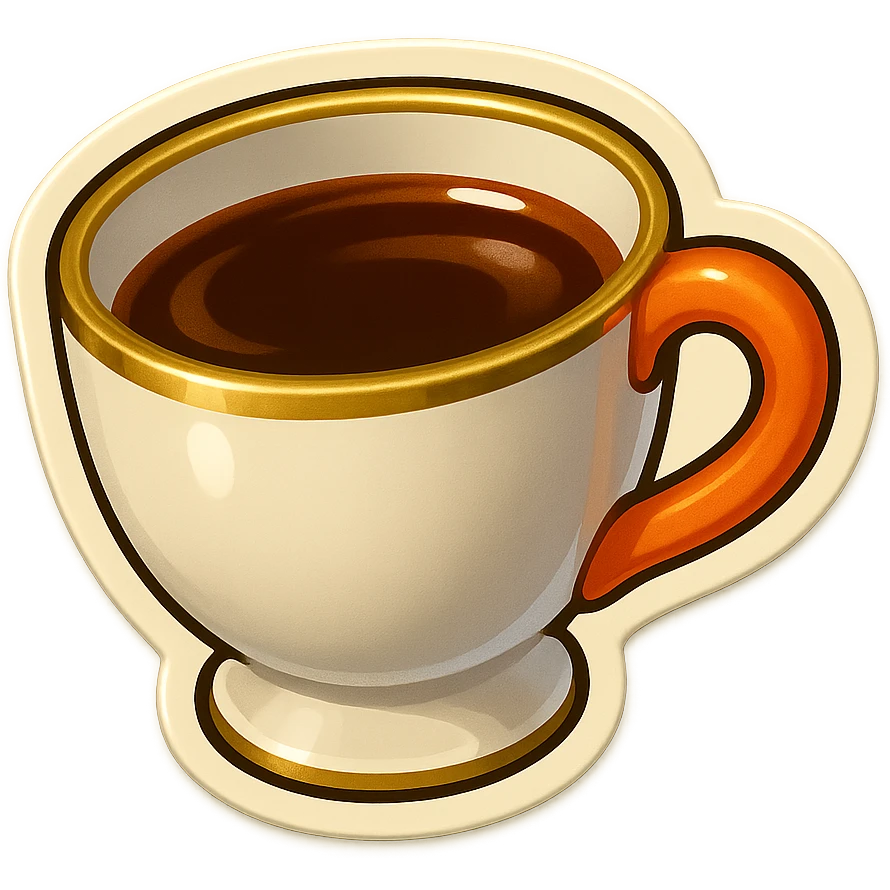 Hermès-style cup of tea, minimal design, Hermès orange handle, gold rim, cute emoji style, alternate angle, on white or transparent background emoji