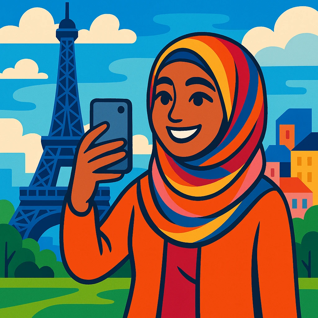 A hijabi woman taking a selfie with the Eiffel Tower behind her, smiling, wearing a colorful hijab, Paris cityscape, cheerful and modern. emoji