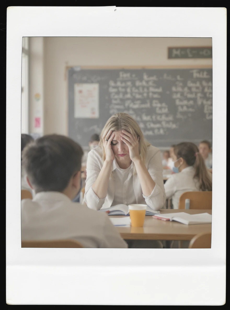 exhausted teacher in a bustling classroom emoji
