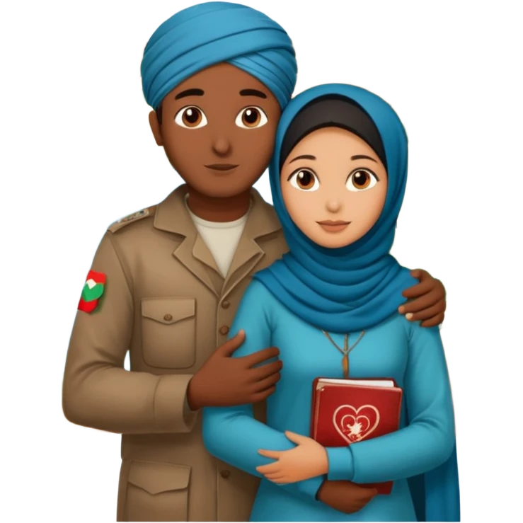 An emotional artistic illustration of an Indian man and an Afghan hijabi girl standing on the maps of India and Afghanistan, symbolically embracing despite the distance, showing love beyond borders. emoji