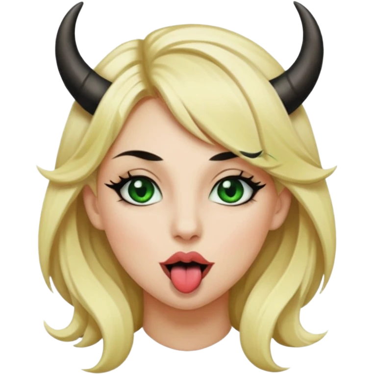 Emoji femme blonde habillée en noir cheveux blond, yeux vert avec de long cils noir qui tire la langue et à des cornes  emoji
