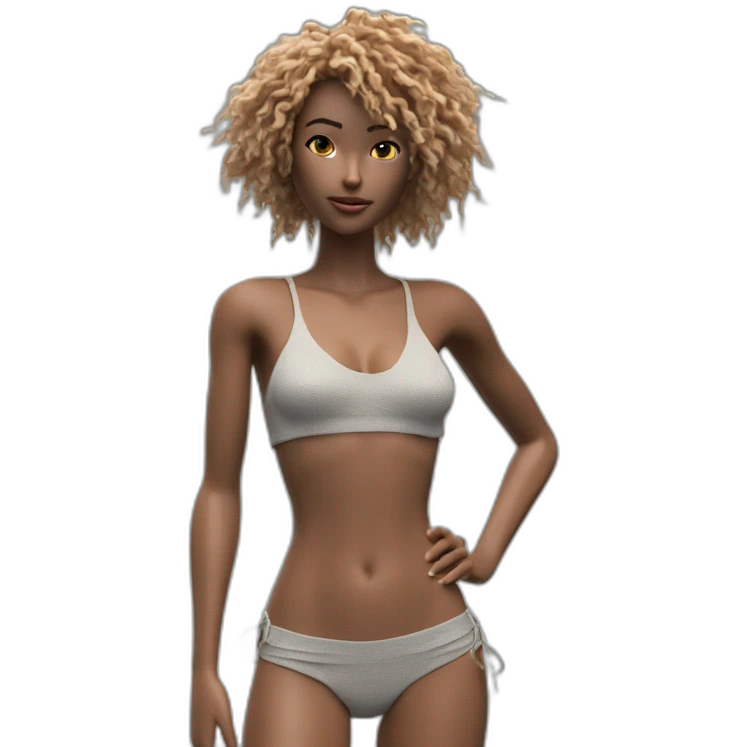 Fashion editorial style octane render, lush beach, stylized, two shot angle of a (Young Woman, skinny, fit, small breasts, bare belly, with mechanical sexy beach outfit. 1. 3) Elusive hair emoji
