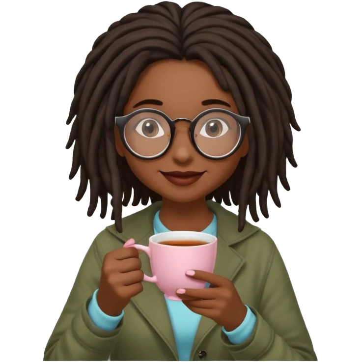 darker skin female with dark dreadlock hair wearing large round glasses sipping a cup of tea with her pinky out emoji