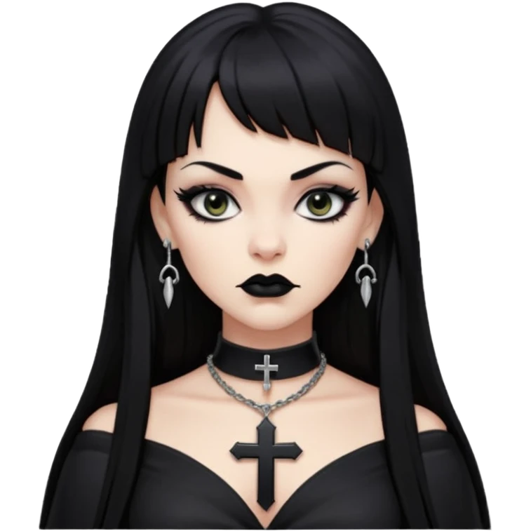 vampira parda com cabelo preto longo e liso e franja, olhos pretos, brincos em formato de cruz, choker em formato de cruz, roupa preta com decote nos seios, batom preto e séria emoji