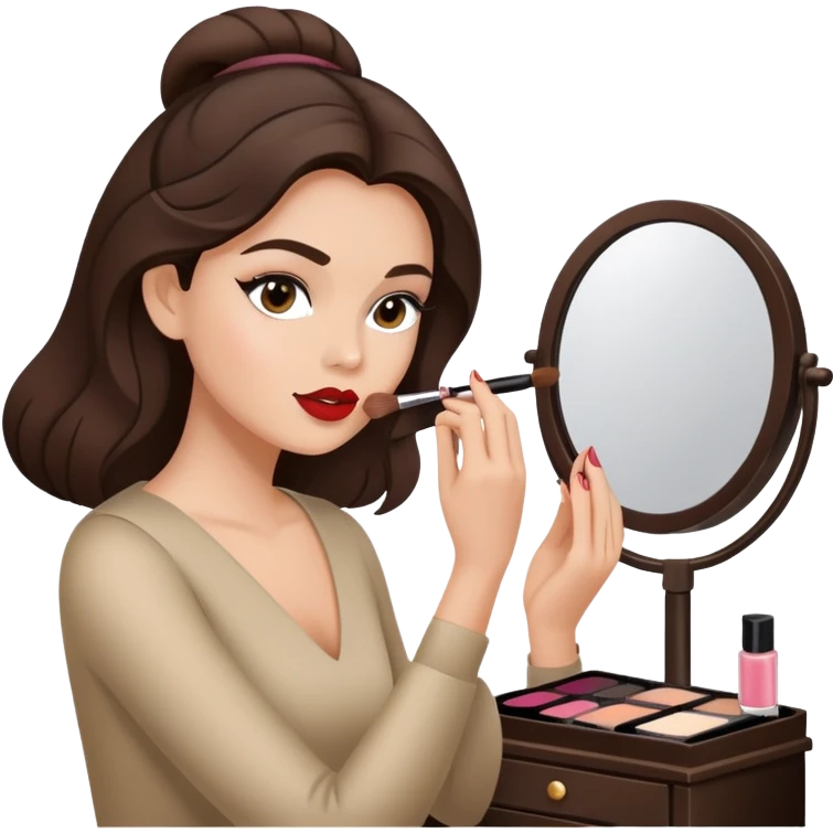 Hyperrealistic brunette woman putting on makeup at a vanity emoji