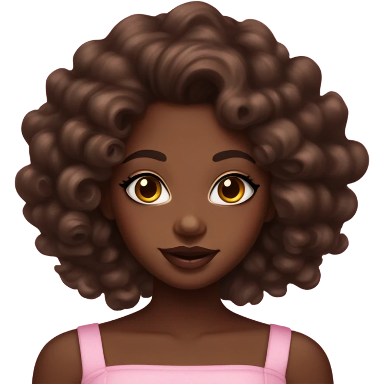 Chocolate dark skin girl with long curly dark brown hair, brown lip liner and  pink gloss on lips, gorgeous radiant skin emoji
