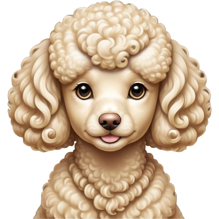 Cinematic Noble Cream Poodle Portrait Emoji, Poised and regal, with a refined, elegant build and a meticulously groomed, curly cream Fur, deep-set soulful warm eyes, Simplified yet sharp and sophisticated features, highly detailed, glowing with a soft, dignified glow, high shine, intelligent and graceful, stylized with an air of sophistication, focused and attentive, soft glowing outline, capturing the essence of a watchful and confident companion, so majestic it feels as though it could prance out of the screen with effortless authority! emoji