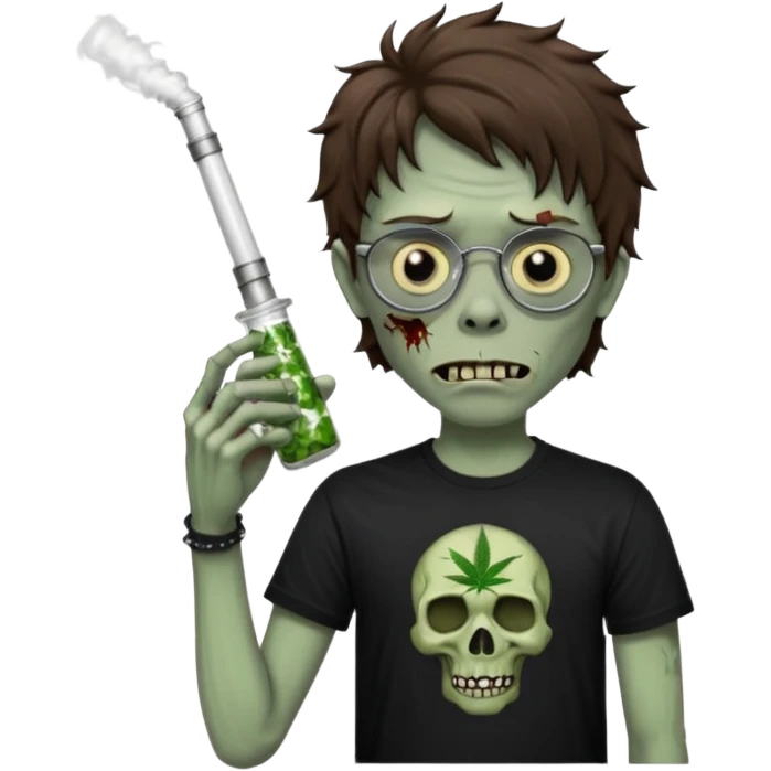 short wavy brown haired zombie getting stoned with weed t shirt and bong on his hand and wearing black chrome hearts bifocals emoji