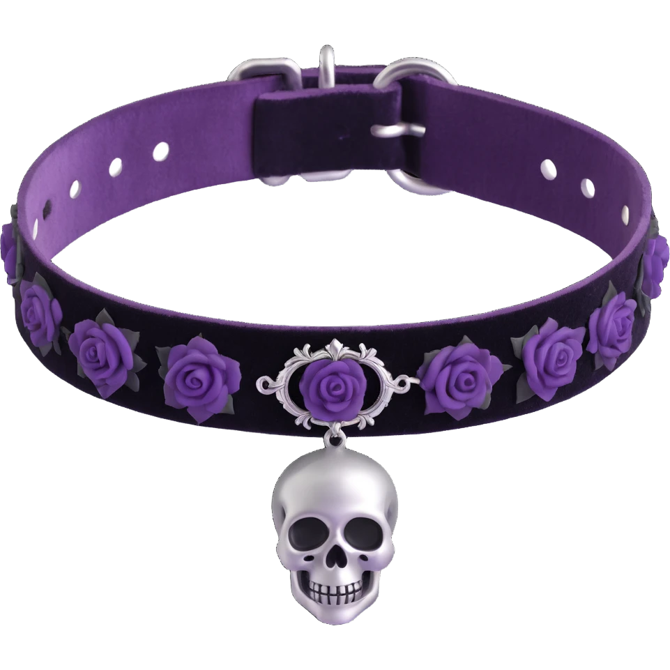 gothic choker with deep amethyst velvet band, silver skull charm, black rose centerpiece, rich and gothic style emoji
