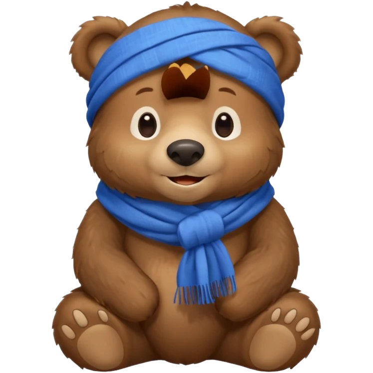large serious-looking brown bear sitting wearing blue scarf smiling emoji