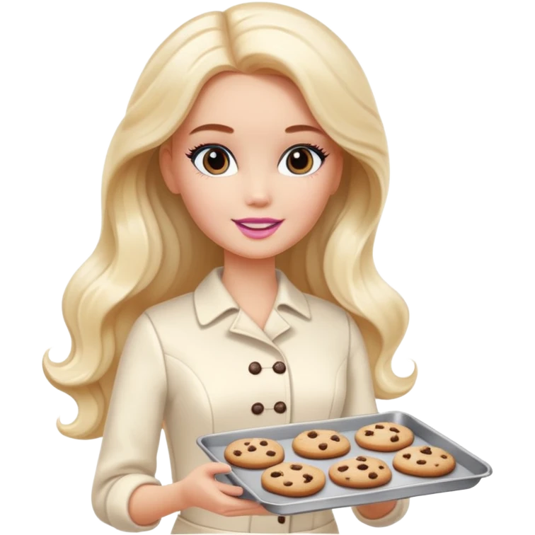 A white Barbie girl with long dark brown wave hair in a cream clothes holds a Baking tray with cookies emoji