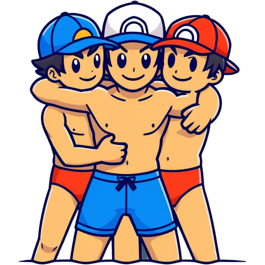 Hot handsome muscular 6ft 5inch tall smiling happy fun shirtless Ash Ketchum hugging two best friends in swimwear emoji