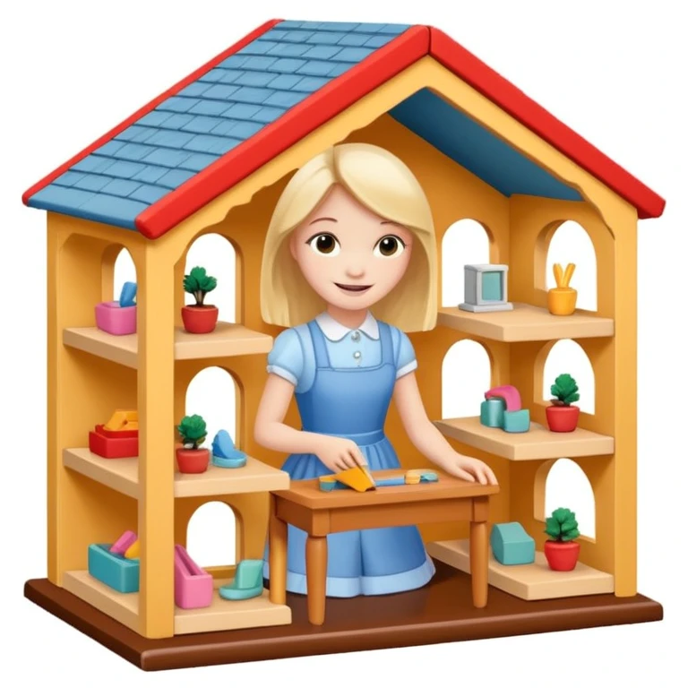 smiling girl arranging furniture in doll house emoji