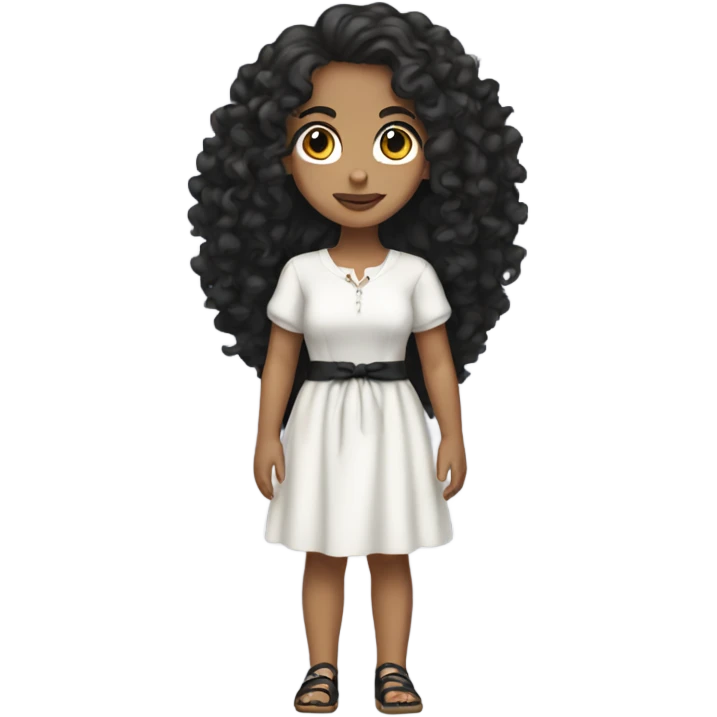 Tan girl with black long curly hair and white tied dress full body emoji