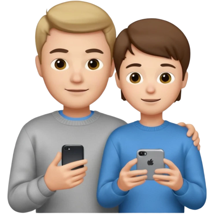 male memoji, young man in sweater, holding phone with ‘mom’ on screen, innocent smile, simple casual look emoji