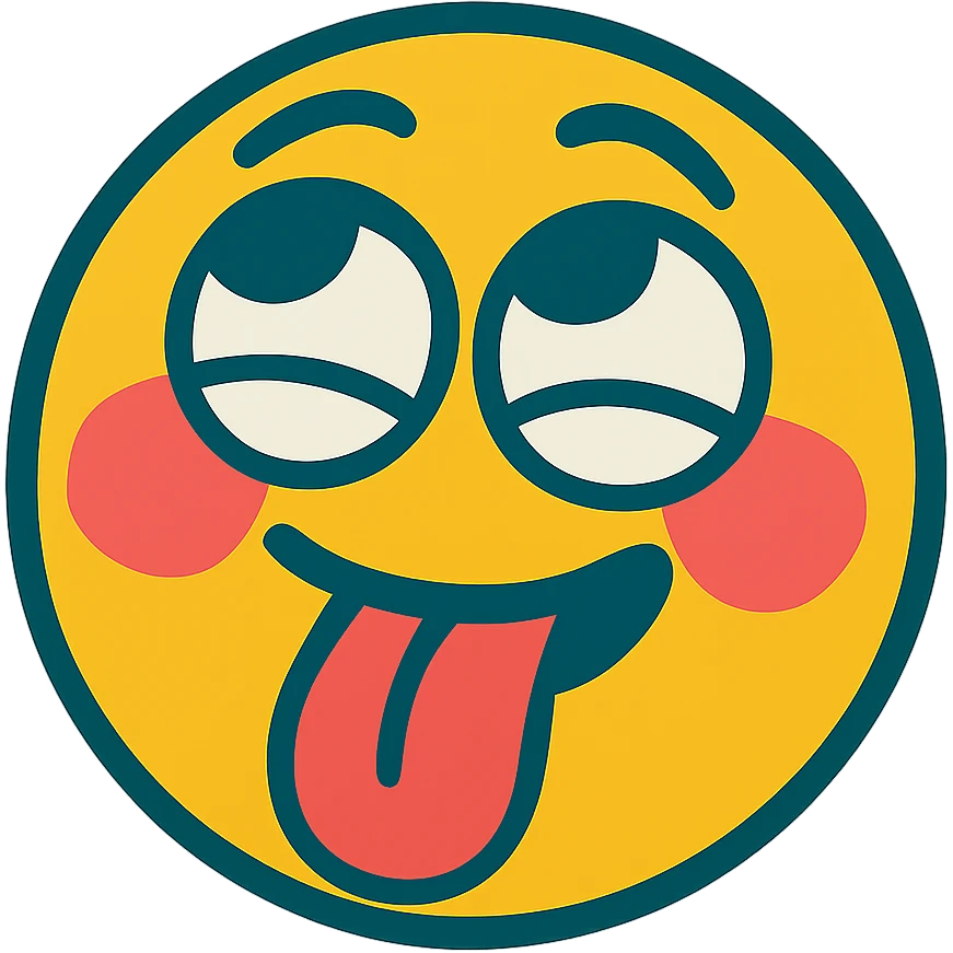 blushing face with eyes rolled up and tongue out, playful expression, vibrant toon style emoji