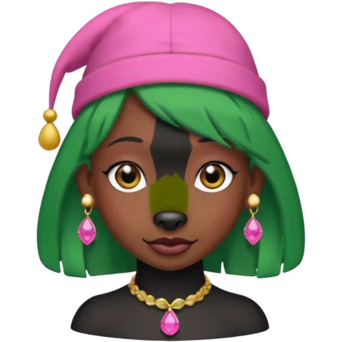 green haired fully black dog with big earrings and pink hat emoji