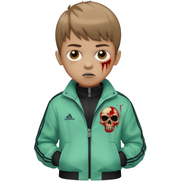 Crie um emoji de um menino com o cabelo castanho claro com uma franja reta e o corte low fade zumbi casaco de gola alta da adidas emoji