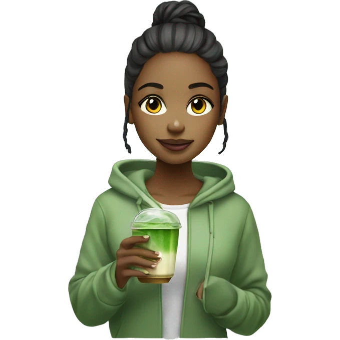 Beautiful girl wearing hoodie ,holding glass cup of iced matcha  emoji