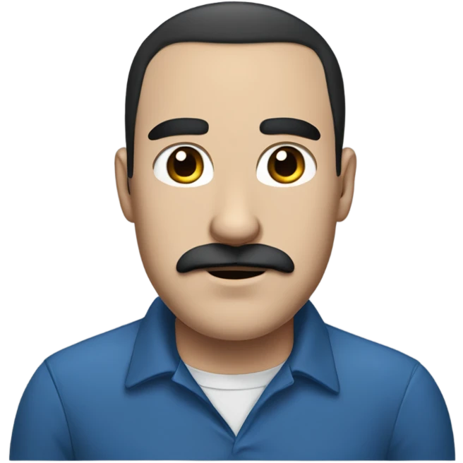 Guy with black balding hair, black mustache and thick black eyebrows with a blue shirt and dark blue collar emoji