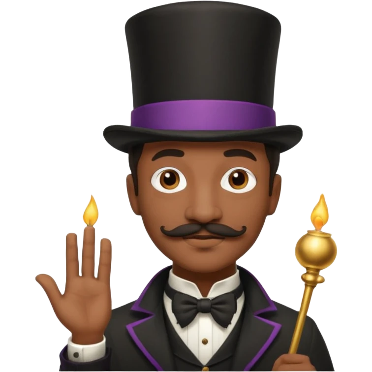 Black male magician, mustache, wearing classic top hat emoji