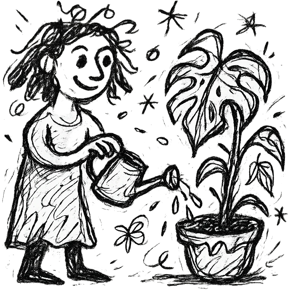woman watering her monstera plant emoji