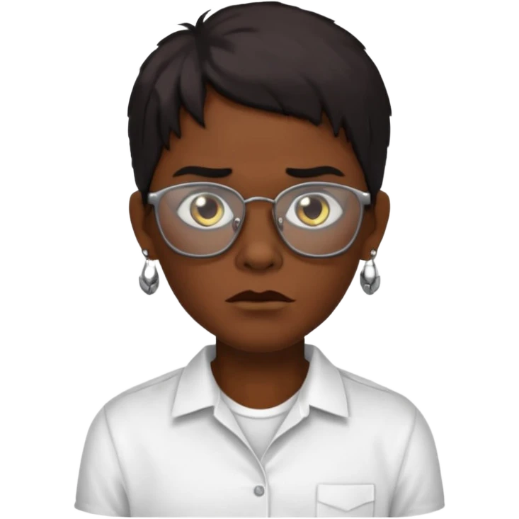 A zombie wearing a white shirt, dark skin, medium-length dark hair, earrings, and glasses, on a white background, facing forward. emoji