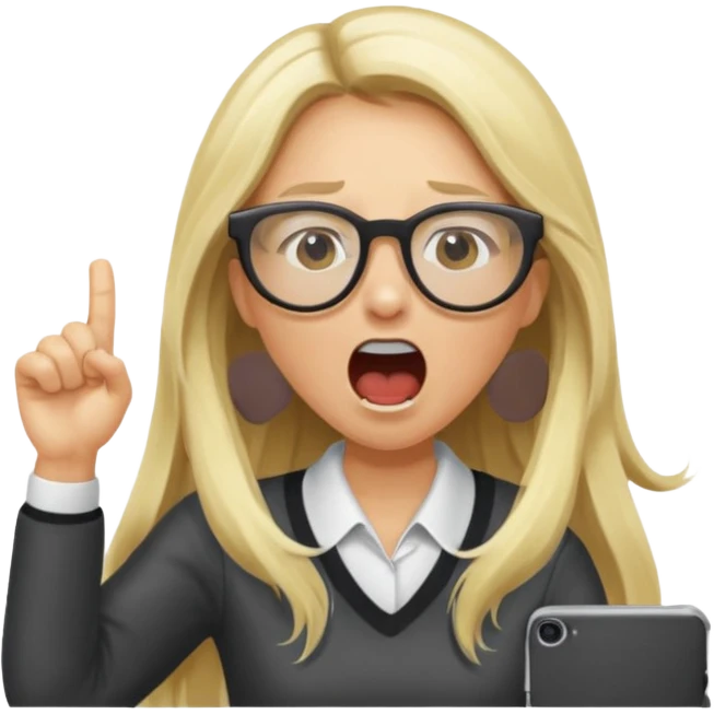 blonde girl with long hair, white glasses, shouting emoji