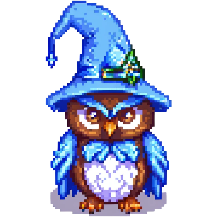 owl wearing a blue wizard hat pixel art emoji