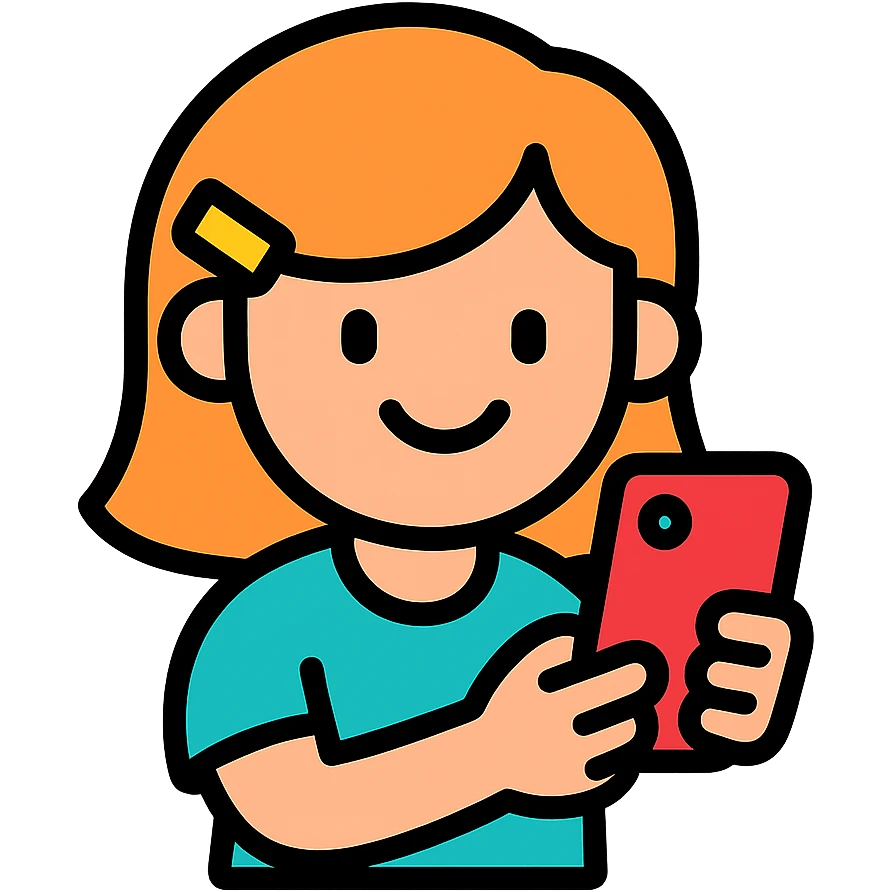 a girl holding a smartphone, smiling emoji