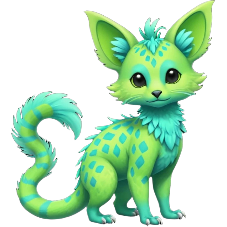 Feral Rare Fantasy vibrant tropical exotic neon-lime green and cyan Vernid-Trico-species-creature by LiLaiRa, random markings, tufted tail, tufted ears, full body emoji