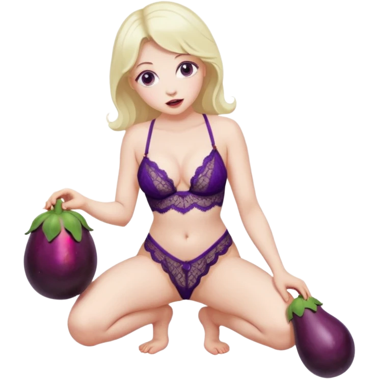 lady with lace lingerie kneeling with eggplant on her face emoji