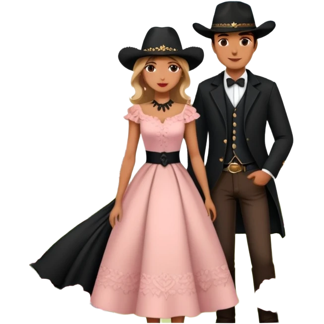couple in front of Eiffel Tower, man in black cowboy hat, woman in elegant Parisian style dress without hat, pink flowers around and Eiffel Tower in the background  emoji