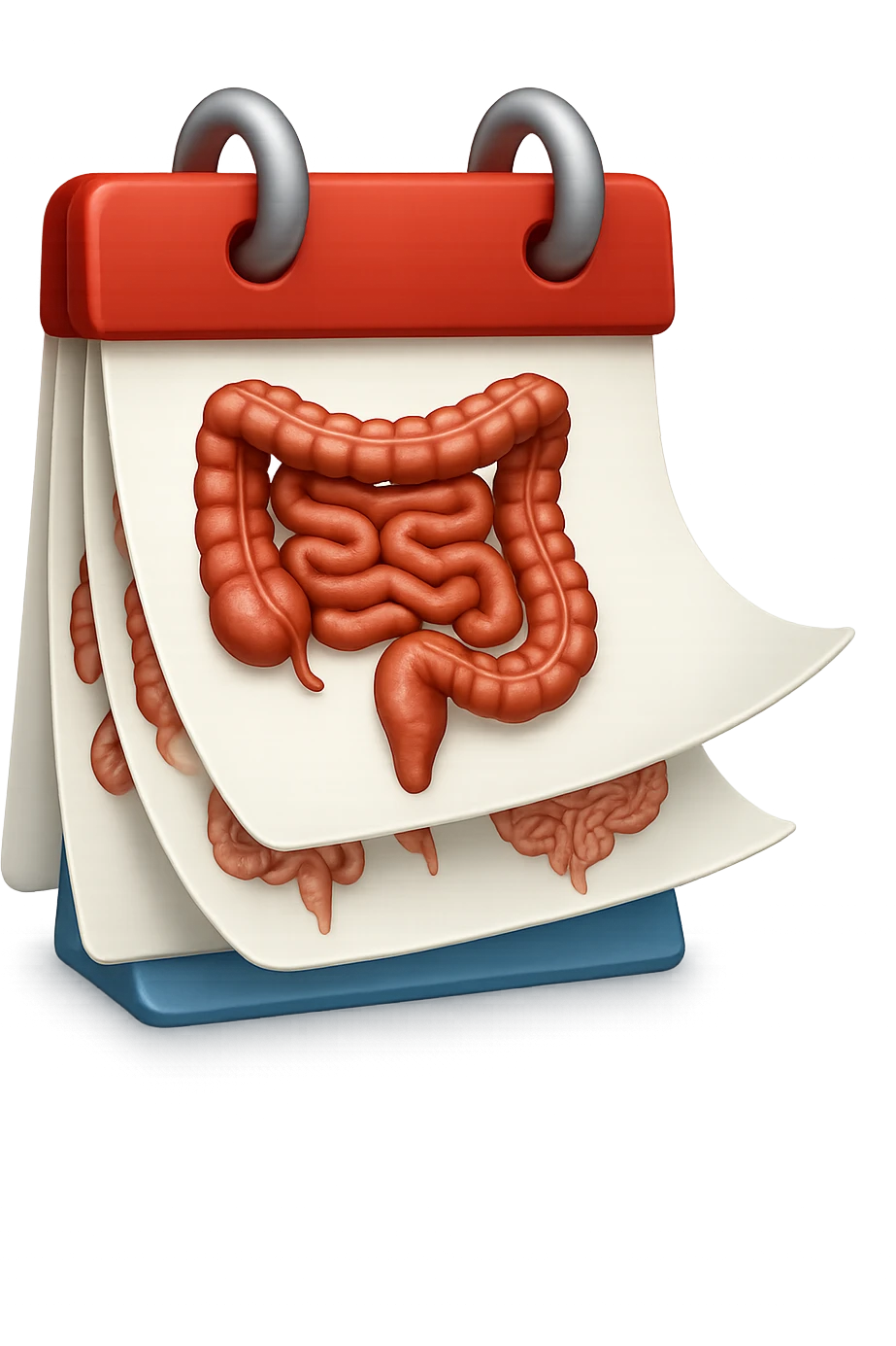 emoji stile iphone di un calendario con fogli che volano insieme, sui fogli ci sono disegnati degli intestini anatomici, iperrealistico 4k, isolato su sfondo bianco emoji