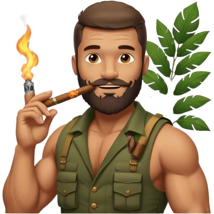 brauny vested bearded jungle commando smoking a cigar with a grin emoji