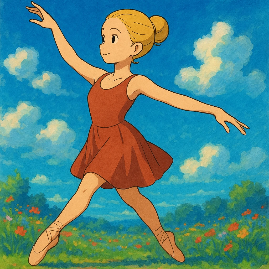 Add a vibrant, colorful background behind Dana Dawson in a dance pose, keep the original ghibli style emoji