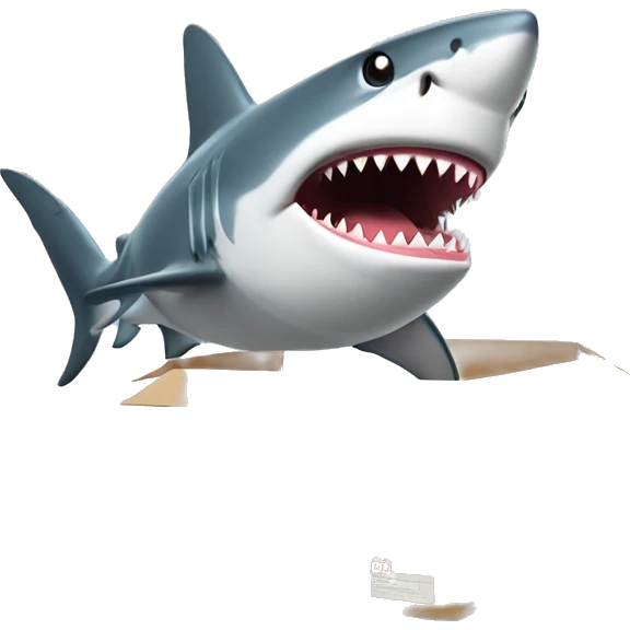 shark with polo shirt selling boxes. make it as big as possible within the constraints of adding it as a teams emoji. emoji