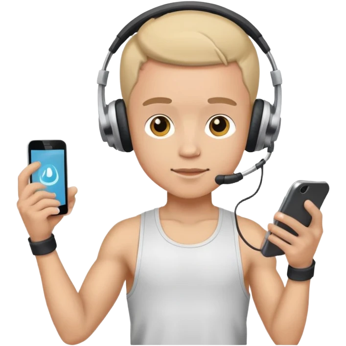 Boy holding phone, headphones on at gym lighter skin emoji