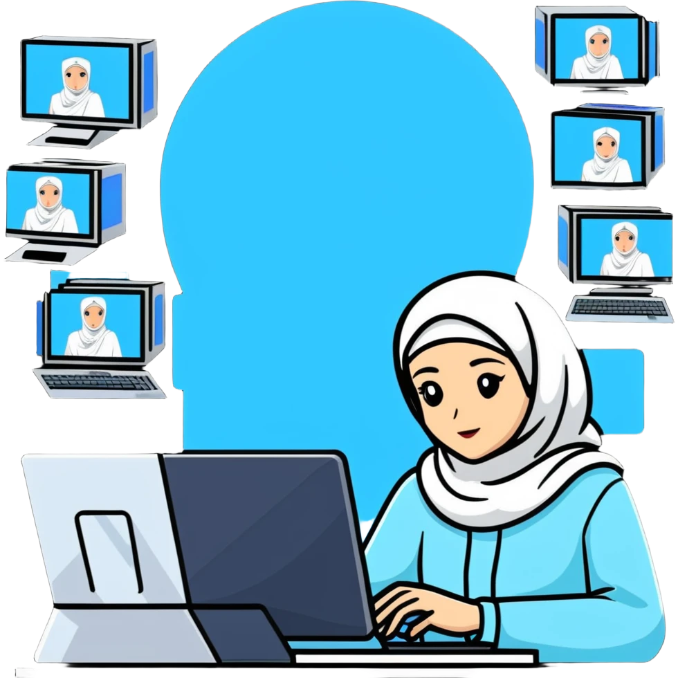 computer engineer with white hijab wearing blue clothes, working with multiple holographic screens showing digital world, virtual interfaces, metaverse elements emoji