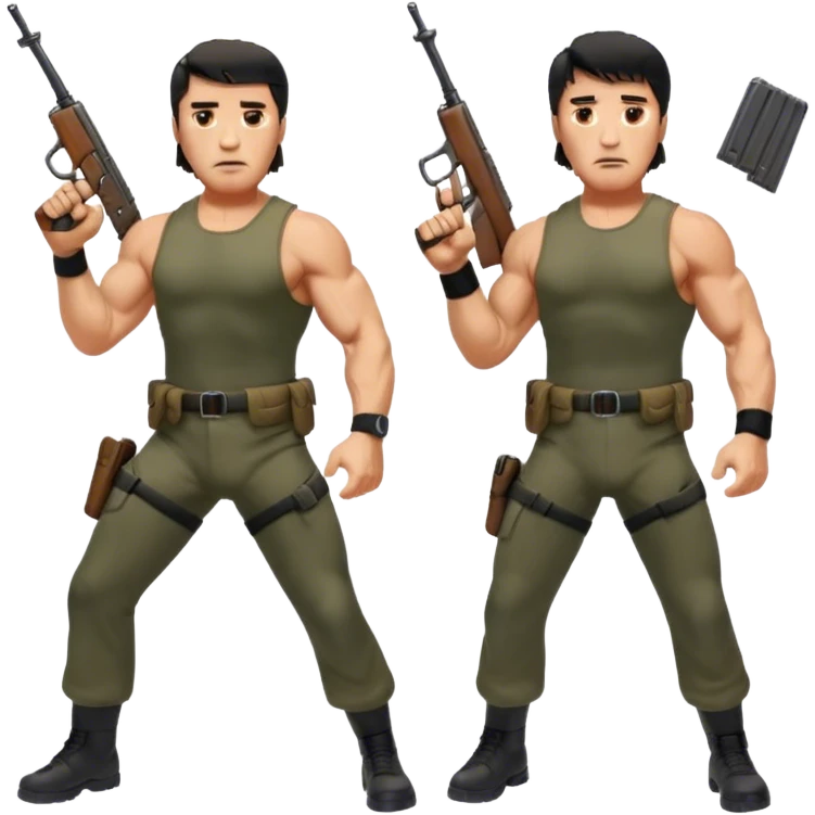Icon for Action Movies: Arnold Schwarzenegger as John Matrix in Commando and Sylvester Stallone as John Rambo in Rambo, both in iconic action poses with weapons, intense expressions, and explosive backgrounds. Powerful and dynamic with dramatic lighting. Transparent background. emoji