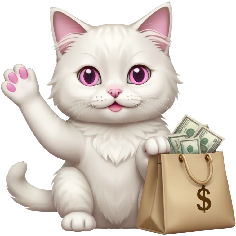 the white color ragdoll cat waves its paw and holds a bag of money emoji