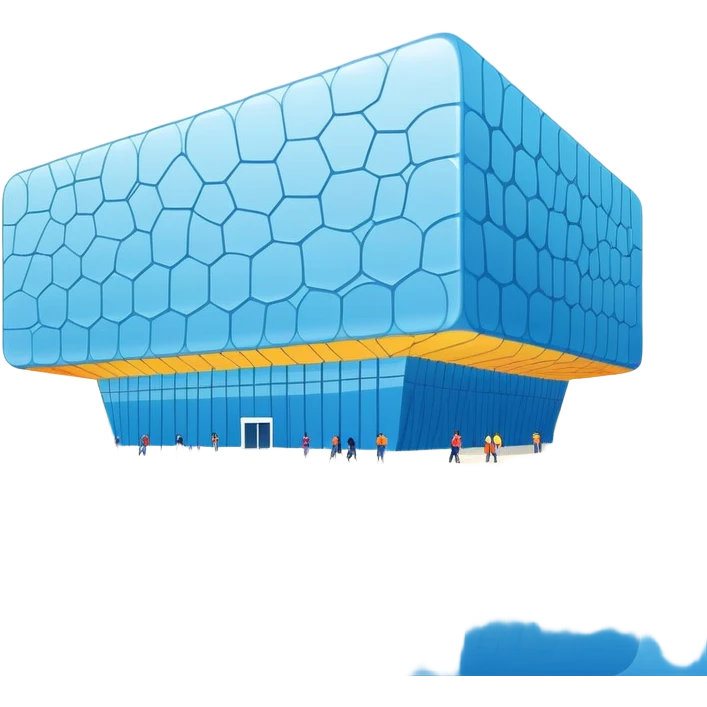 Beijing Water Cube National Aquatics Center blue bubbled building, simplified emoji style with bold outlines and bright colors, cartoon style modern structure emoji